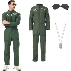 3Pcs Flight Costume Suit Adult Men Force Pilot Costume Green Jumpsuit Glasses Necklace Halloween Cosplay Outfits (2X-Large)