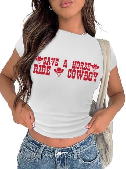 Tewmeu Cowgirl Outfits for Women Cropped Western Tops Y2k Country Concert Graphic Tees Trendy Country Music Tshirt