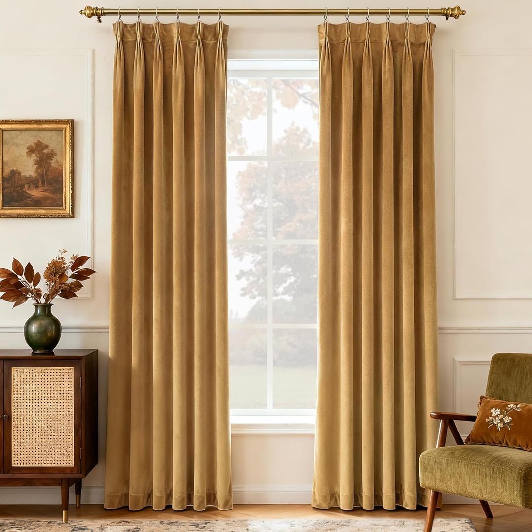 Golden Brown Triple Pinch Pleated Velvet Blackout Curtains 90 inches Long 2 Panel for Bedroom Thermal Insulated Living Room Darkening Velvet Drapes Thick Heavy Mordern Elegant Luxury Curtain 90 Length