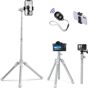 K&F Concept 67''/170cm Cellphone Tripod, 2-in-1 Lightweight Compact Portable Selfie Stick with Phone Holder, DSLR Camera Tripod with Smartphone Remote E224A3+BH-18 Silver