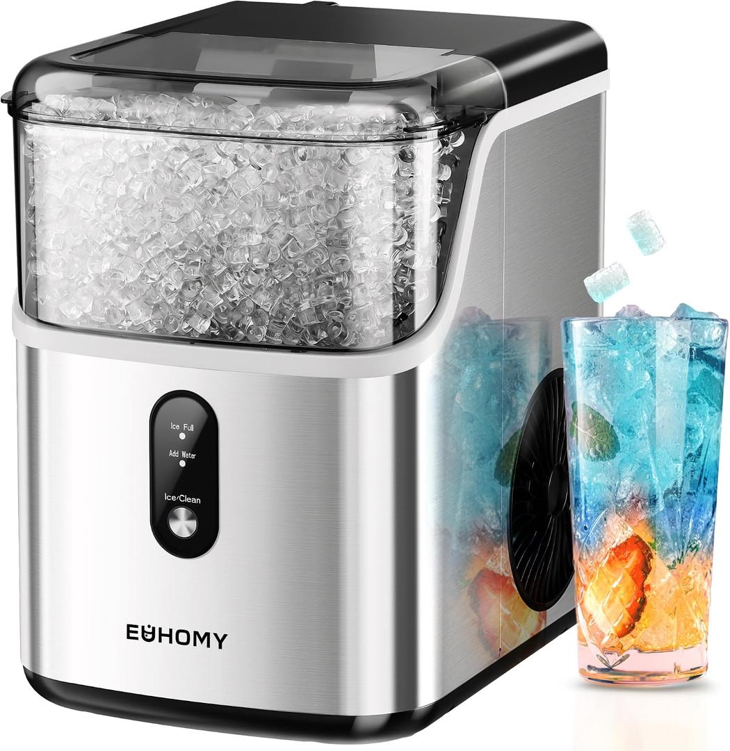 EUHOMY Nugget Ice Maker Countertop, Ready in 7 Mins, 34Lbs/24H Pebble Ice Maker Machine, Self-Cleaning Countertop Sonic Ice Makers with Ice Scoop&Basket, Pellet Ice Maker for Home, Stainless Steel