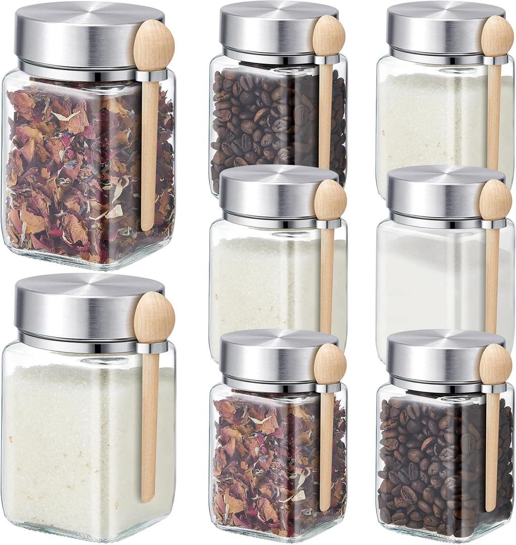 Yaomiao 12 Pcs Jars with Metal Lids and Wood Spoons 9.5 oz Spice Jars Airtight Small Food Storage Containers with Screw Top Lids for Kitchen Bathroom Seasonings Candy Cookie Tea Home Decor