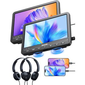 GOnavidio 10.1" Portable DVD Players for Car with HDMI Input, 5-Hour Battery, 2 Headphones, Dual Car DVD Players for Back Seat Support USB/TF Card, Last Memory, Play Same/Different Movies, Region Free