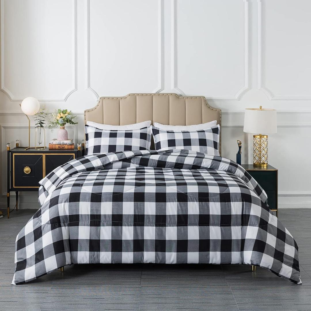 Black Plaid Comforter Set Twin, Black White Buffalo Check Plaid Comforter Bedding Set for All Seasons, Classic Gingham Pattern Print Soft Microfiber Comforter with Pillowcase
