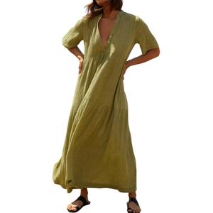 R.Vivimos Womens Summer Cotton Flowy Maxi Dress Short Sleeve V Neck Empire Waist Boho Tiered Ruffle Casual Loose Long Dresses