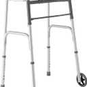 Medline Lightweight Two Button Folding Walker with 5" Wheels, Aluminum Frame Supports up to 300 lbs (1 Count (Pack of 1), Metallic)