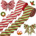 2 Rolls Christmas Wired Ribbon Red Green Stripe Glitter Ribbon Xmas Wrapping Burlap Decor for Home Party DIY Craft Bows, 2.5 Inch 20 Yards (White, Green)