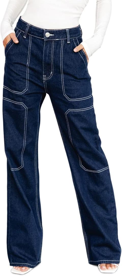 Dokotoo Women's Casual Mid Waist Cargo Jeans Stretch Wide Leg Denim Pants with Pockets (10, Blue)