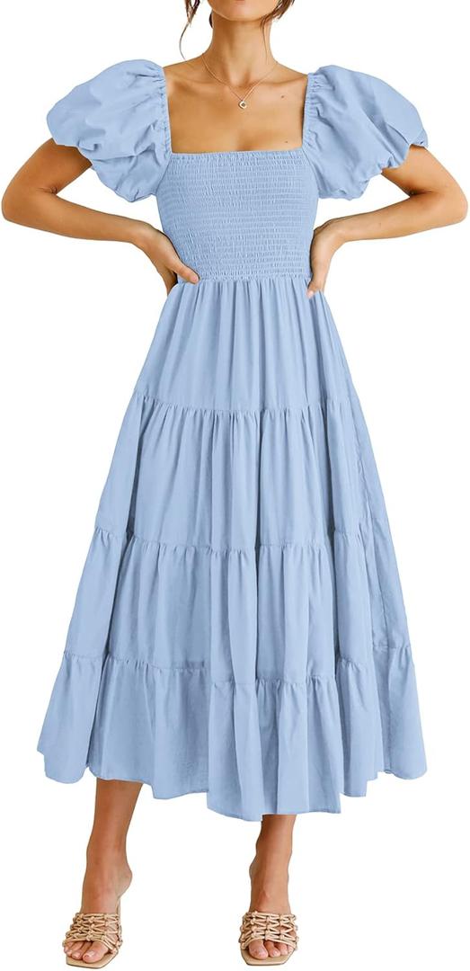 PRETTYGARDEN Women's Casual Summer Midi Dress Puffy Short Sleeve Square Neck Smocked Tiered Ruffle Dresses (Blue, S)