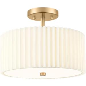 Gold Semi Flush Mount Ceiling Light, 3-Light 12.5" Ceiling Light Fixture with White Pleated Fabric Shade, Drum Lamp for Nursery Hallway Bedroom Kitchen, AD-25036-3SF-GD