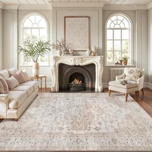 LUMI 10x14 Washable Area Rug for Living Room, Ultra Soft Traditional Vintage Rugs Non Slip with Rubber Backing, Low Profile, Stain Resistant Carpets, Ideal for Bedroom, Dining Room, Indoor, Brown