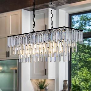 Wellmet Crystal Chandelier 33-inch, 7-Light Modern Rectangular Black Chandelier Ceiling Hanging for Dining Room, Linear Chandeliers Light Fixture for Living Room, Bedroom, Kitchen Island, Pool Table