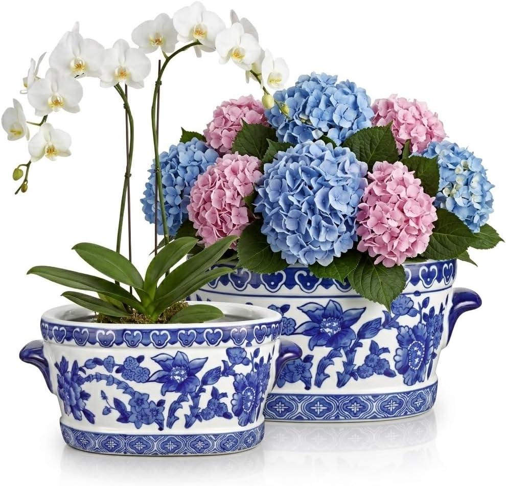 Blue and White Ceramic Planter Pot  Vintage Floral Oval Cachepot Vase for Indoor Plants, Flowers & Succulents  Glazed Chinese Porcelain Style Decorative Bowl  7.4" or 10.6" Size  No Drainage