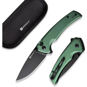 SENCUT Button Lock Pocket Knife for EDC, Serene Folding Knife, Thumb Stud & Flipper Opener, Aluminum Handle with 3.48" D2 Black Stonewashed Blade for Outdoor, Camping, Hunting S21022B-2 Green