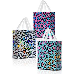 3 x Nush Nush Leopard Print Gift Bags with Handles - Medium Size, 6 Pack in 3 Iridescent Holographic Colors - Reusable Cheetah Gift Bag for Safari Party Favors, Jungle Theme, Girl Parties