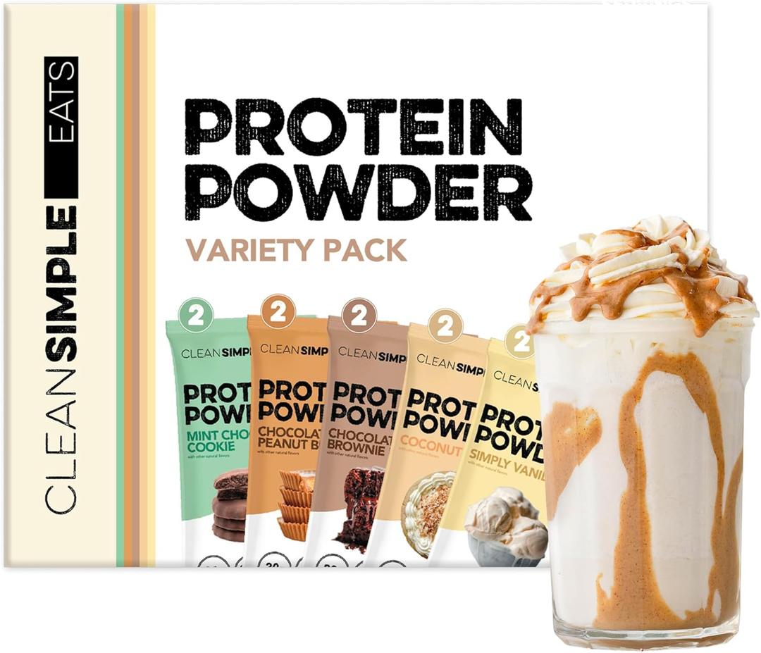 Clean Simple Eats Whey Protein Powder, Variety Pack, Naturally Sweetened Flavors, 100% Grass Fed Protein Powder with Digestive Enzymes & No Artificial Ingredients, Gluten Free, 10 Single Serve Packs