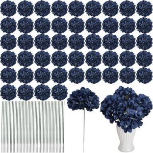 104 Pcs Hydrangea Artificial Flowers, Navy Blue Faux Hydrangea Flowers with Stems for Wedding Arch, Fake Silk Hydrangeas for Table Centerpieces Baby Shower Home Party Decoration