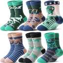 Kids Boys Toddlers Fuzzy Slipper Socks with Grips Non Slip Warm Fluffy Winter Thick Fun Cozy Hospital Socks 6 Pairs (4-7 Years, Dinosaur)