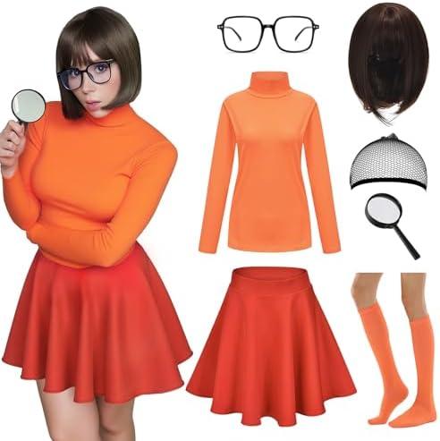 7PC Halloween Costume Set for Women, Brown Bob Wig, Red Skirt, Orange Top, Magnifying Glass, Socks, Glasses, Wig Cap L