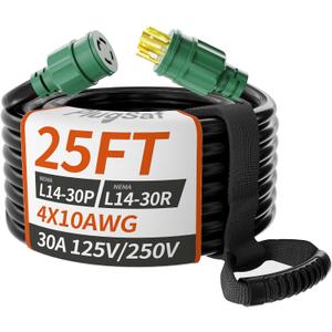 PlugSaf 25FT 30 Amp Generator Extension Cord 4 Prong, NEMA L14-30P/L14-30R 10 Gauge STW 125/250V Twist Lock Generator Cord Heavy Duty, Black ETL Listed