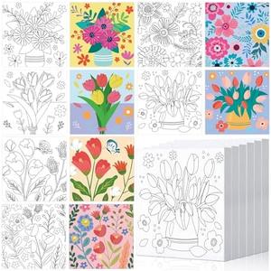 Honoson 6 Pcs 6 Inch Pre Drawn Outline Canvas Paint Kit with Pictures for Adults Paint Party Stretched Canvas Art Boards Set for Adult Beginner(Floral Style)