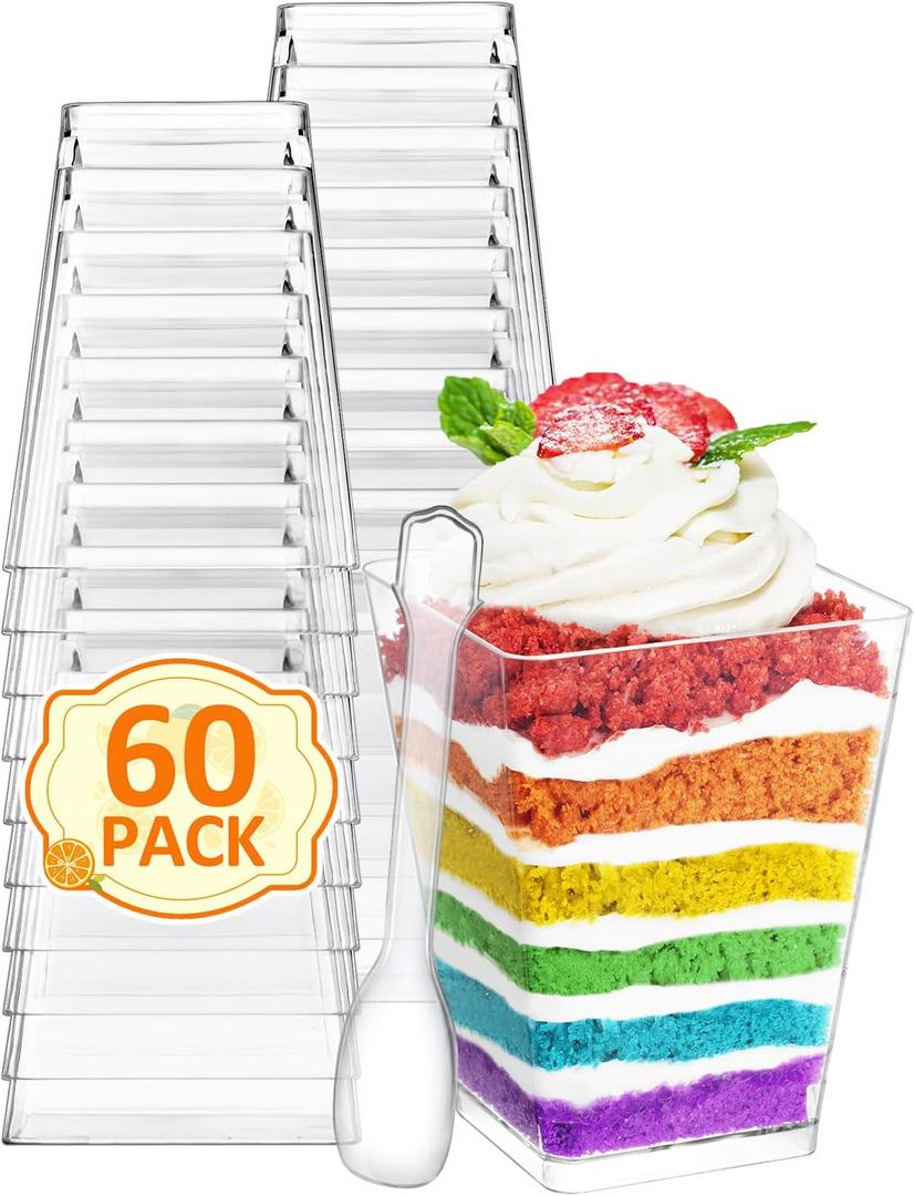NEEBAKE 60 Sets 5oz Mini Dessert Cups with Spoons - Parfait Cups, Clear Plastic Dessert Cups, Small Tumbler for Puddings, Mousse, Appetizers