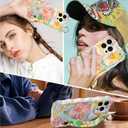 for iPhone 14 Pro Case with Finger Hand Wrist Strap, Cute Colorful Oil Painting Flower Floral Phone Case for Girls Women Stylish Aesthetic Curly Wave Frame Protective Cover, Pink Green