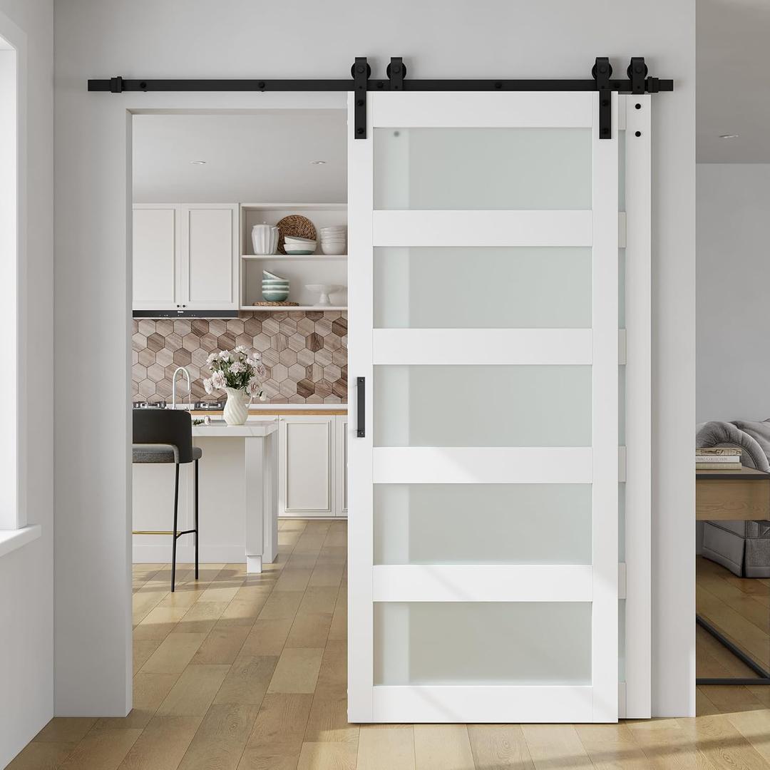 SmartStandard 36in x 84in Double Glass Sliding Barn Door with 6.6FT Bypass Sliding Barn Door Hardware Kit, 5-Panel Frosted Glass,Waterproof, Save Space, Easy Install, Fit 60"-64" Openning, White