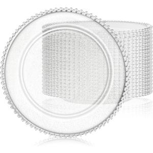 Hoolerry 12 Pack Clear Charger Plates Bulk 13 Inch Plastic Round Beaded Dinner Chargers Acrylic Frosted Grain Decorative Service Plates for Wedding Party Event, Home and Kitchen Tabletop (Transparent)