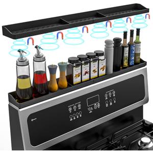 Magnetic Stove Top Shelf 30 Inch - Heat Resistant Silicone Over the Stove Shelf Spice Rack Organizer - 3 Functional Partitions Kitchen Organization and Storage for Spices, Oils & Gadgets (Black)
