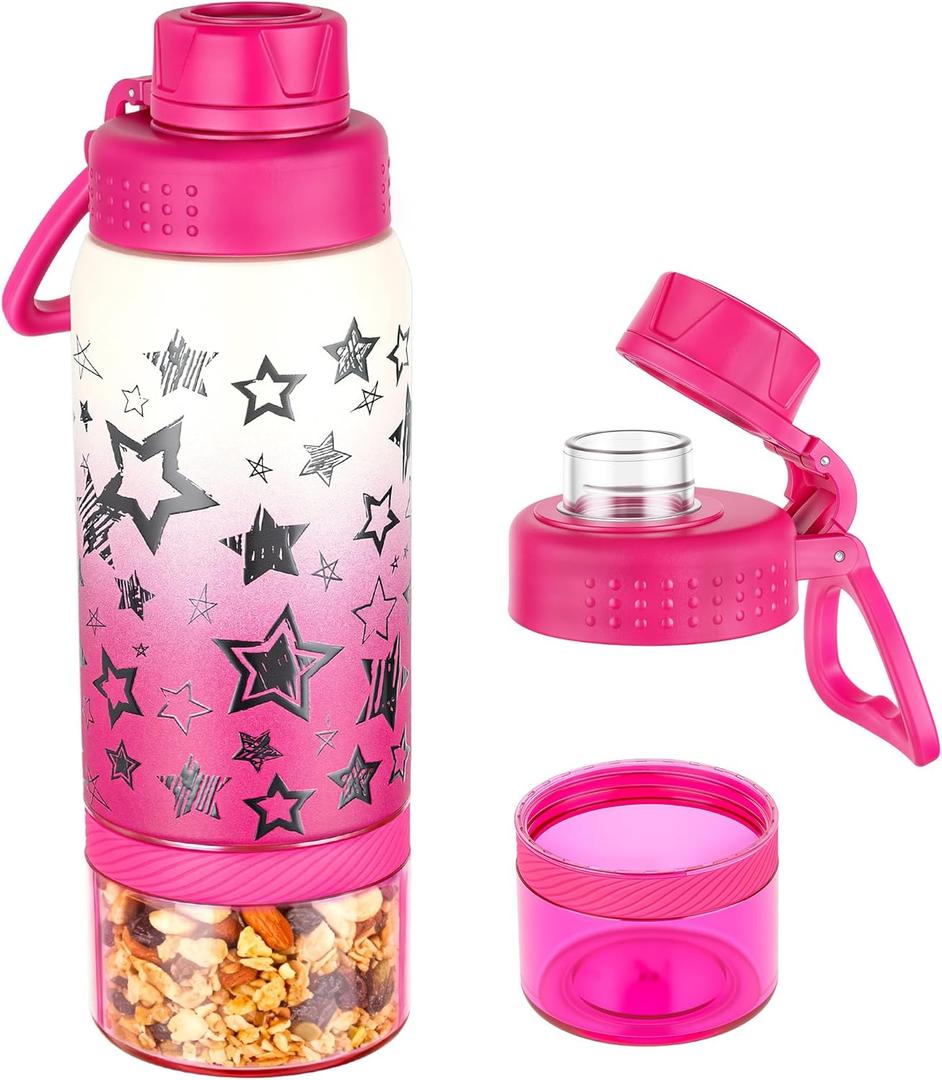 GOPPUS 18 oz Kids Insulated Water Bottle with Snack Container  BPA-Free Stainless Steel Sports Bottle, Keeps Drinks Cold for 24 Hours, Ideal for School, Travel & Activities (Pink star)