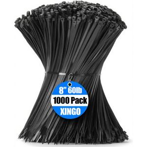 XINGO 1000 PCS Black Zip Ties 8 Inch, 60 LBS Tensile Strength, Self-Locking Nylon Plastic Nylon PA66 Wire Ties for Indoor and Outdoor Use