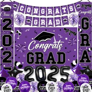 Graduation Decorations Class of 2025 - Purple Graduation Party Supplies Include Backdrop, Banner, Hanging Swirls, Porch Sign, Balloons, Foil Number 2025 for Congrats Grad Decorations