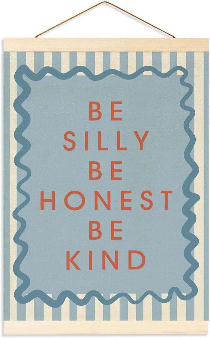 Inspirational Wall Art Banner for Toddler Room Decor, Preppy Blue Striped Poster, Teenage Boy's Room Decor, Playroom, and Bedrooms, Be Silly Be Honest Be Kind Flag Banner
