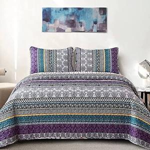 WONGS BEDDING Boho Quilt Set Twin Size, Purple Bohemian 2 Pieces Quilt Sets, Lightweight Summer Bedspread Coverlet Bedding Set for All Season (86"x68")