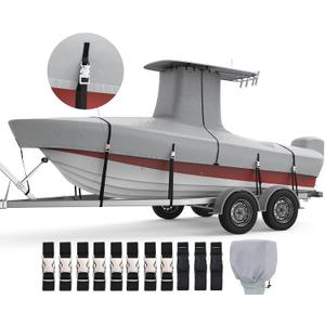 RVMasking 1200D Reinforced T-Top Boat Cover with Motor Cover, Heavy Duty Waterproof Tear-Resistant Boat Cover for Center Console Boat with T TOP Roof, 17'-19' Long Beam Width up to 102", Gray (Length:17'-19', Beam Width up to 102")