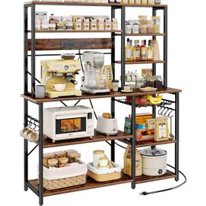 SUPERJARE Larger Bakers Rack with Power Outlets, 6-Tier Microwave Stand, Coffee Bar with 12 S-Shaped Hooks, Kitchen Shelf with Wire Basket, 47.2 x 15.5X 66.9 Inches, Rustic Brown