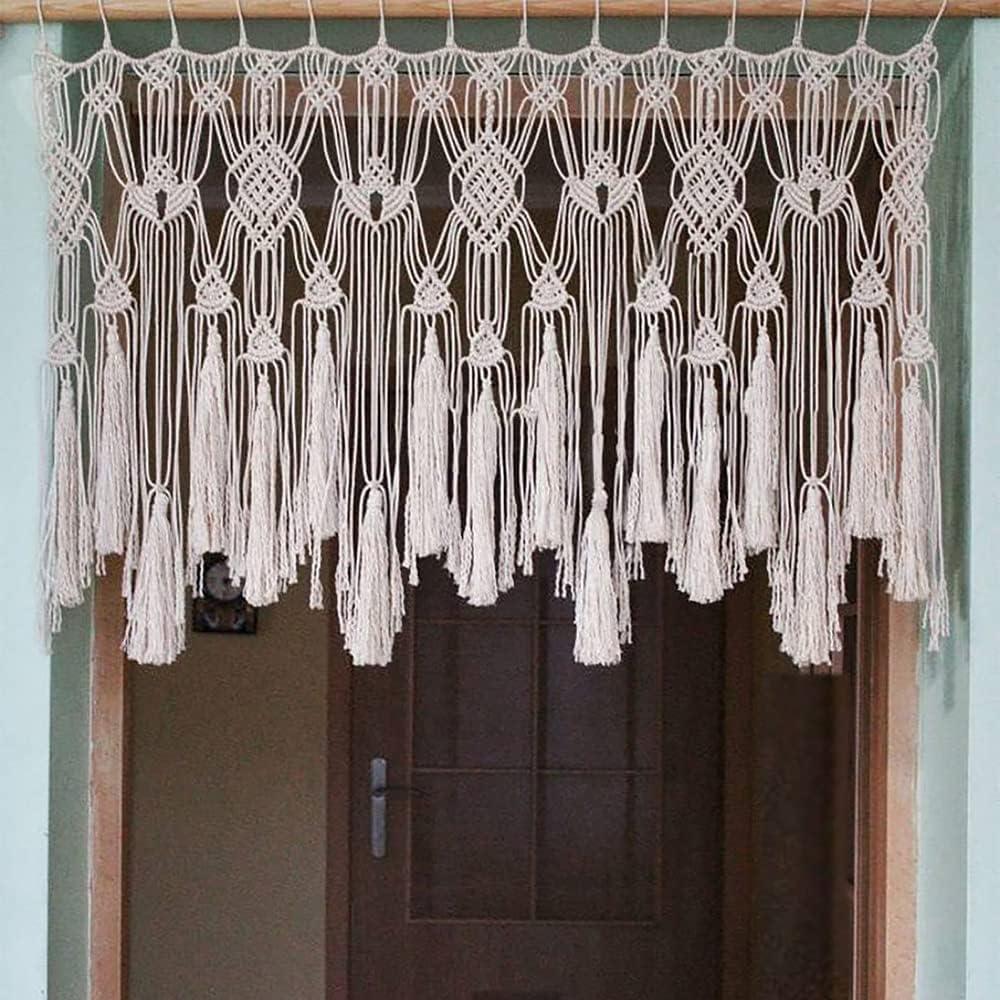 Macrame Curtains Valance with Bead for Kichen Boho Window Short Doorway Curtains Valance Wall Hanging Treatments Above Bed Decor for Bedroom Livingroom Kitchen Bathroom Wall Decor 47x22Inch (Beige)