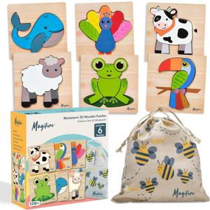 Magifire Wooden Puzzles, Set of 6 Puzzle Toys for Kids Toddlers 13, Baby Educational Animal Toys with Chunky Pieces & Bag for Easter - Whale, Peacock, Woodpecker, Cow, Sheep, Frog