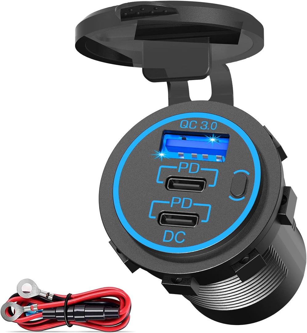 USB C Car Charger Socket  58W Lengthened RV USB Outlet 12V Socket Dual 20W PD3.0 USB-C and 18W QC3.0 Car USB Port with Button Power Switch for Boat Marine Motorcycle