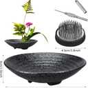 Japanese Ikebana Kit Floral Frog Flower Container with Kenzans Needle Straightening Tool - 1.8inch Black Flower Frog, 6.7inch Bowl Vase