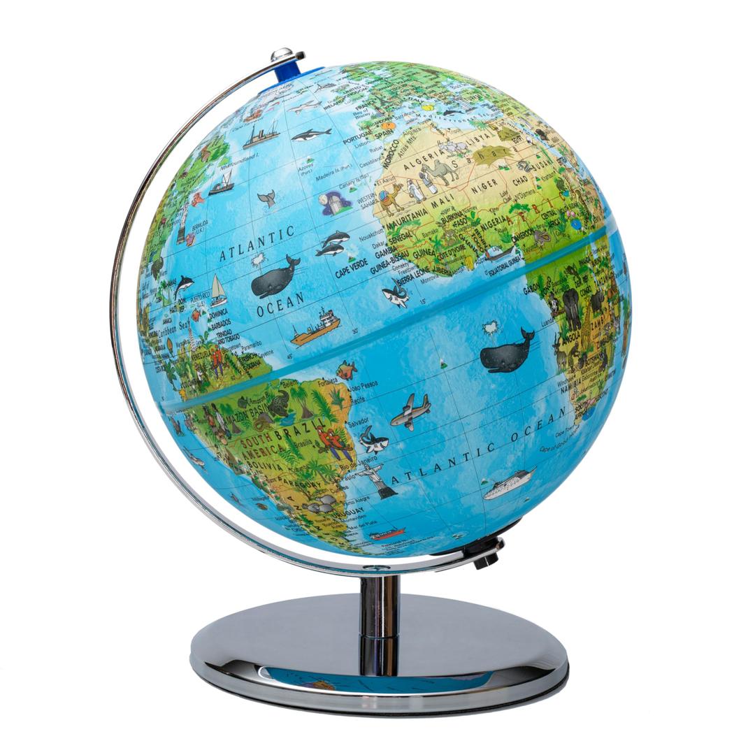 Replogle 8"/20cm Interactive Illuminated Political Globe with Chrome Base, Riser and Semi-Meridian. Standing 12 inches tall, This Colorful Easy to Read Globe Illuminates Brightly. The Perfect Interactive STEM Educational With Over a Thousand Pieces of Information. Ideal Night Light for Bedroom, Office or Home Decor. (Blue Kids)