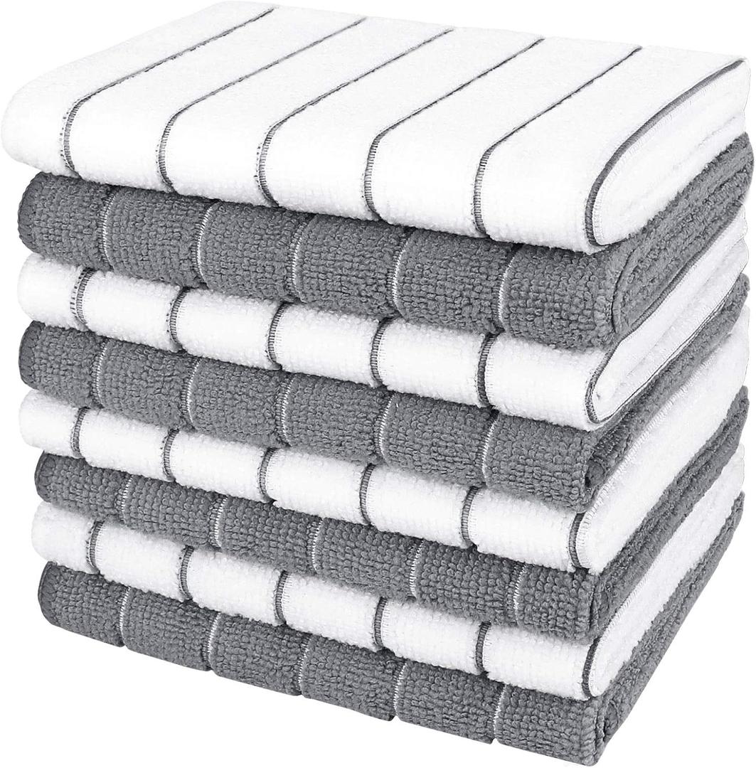 AIDEA Kitchen Towels, Absorbent Dish Cloth for Kitchen, Soft Dish Towels for Home, Multi-Purpose Cloths for Household Cleaning and Drying-8PK, 12x12 (White/Grey)