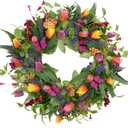 22 inch Spring Summer Wreath Tulip Wreath for Front Door with Purple Tassels, Eucalyptus Leaves, Ferns, Butterflies for Indoor Outdoor Wall Festival Home Farmhouse Wedding Decor (Colorful Tulips)