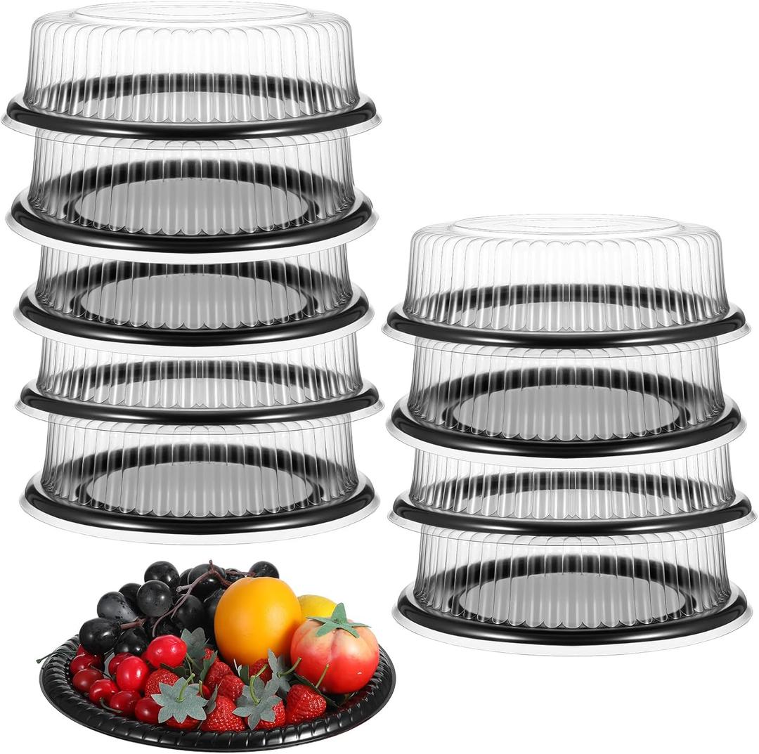 10 Pack Heavy Duty 12-Inch Catering Trays with Clear Lids Durable PET Plastic Round Serving Platters for Party, Sandwich, Veggie & Dessert Displays