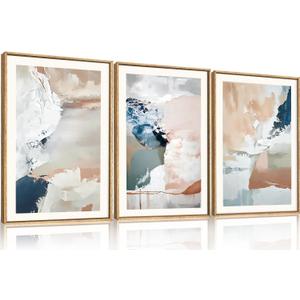 Large Abstract Brush Strokes Framed Canvas Wall Art,Neutral Navy Blue Wall Decor,Modern Pastel Wall Painting,Grey White Toned Artwork for Living Room,Bedroom,Dining Room,Office -16"x24"x3