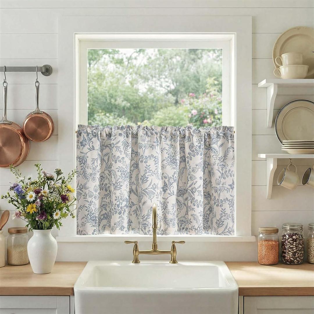 jinchan Floral Kitchen Curtains for Windows 24 Inch Linen Lined Tier Farmhouse Cafe Curtains Country Botanic Small Window Rod Pocket Rustic Flax for Laundry Bathroom RV 2 Panels Blue on Beige, 25"W x 24"L