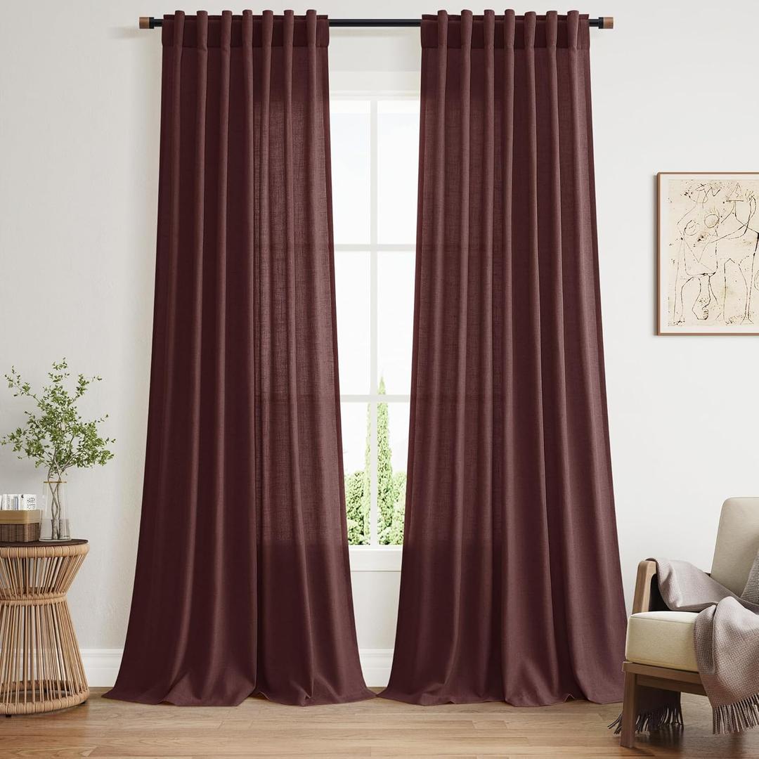 Reddish Brown Linen Curtains 90 Inch Long 2 Panels Set for Bedroom Living Room, Soft Linen Textured Window Drapes Semi Sheer Light Filtering Rod Pocket Back Tab Morden Style 52x90