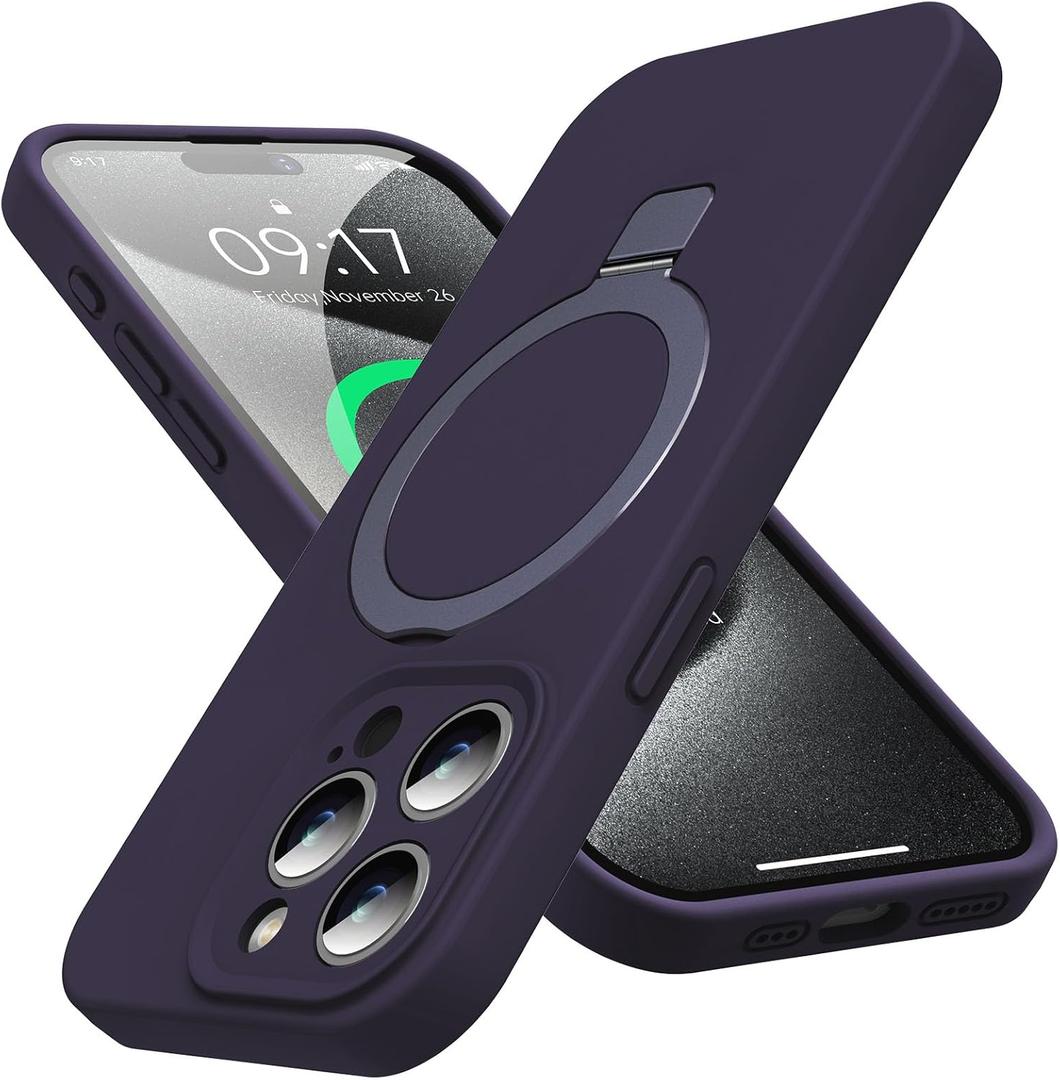 Mag-Ring Designed for iPhone 15 Pro Case, Liquid Silicone [Moisturizing Factor] Extreme Soft Slim Phone Case with Stand [Compatible with MagSafe] for iPhone 15Pro 6.1 inch Men Women, Berry Purple