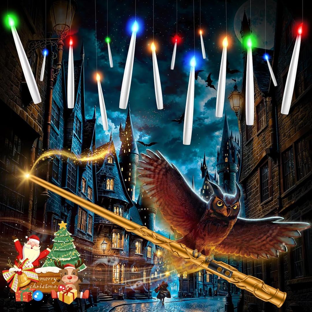 TLPUHU Floating Candles 18 Pcs with Magic Wand Remote, Christmas Decorations Multicolor Hanging Candles with String Battery Operated Flameless Taper Candle for Christmas Party Home Room Decor